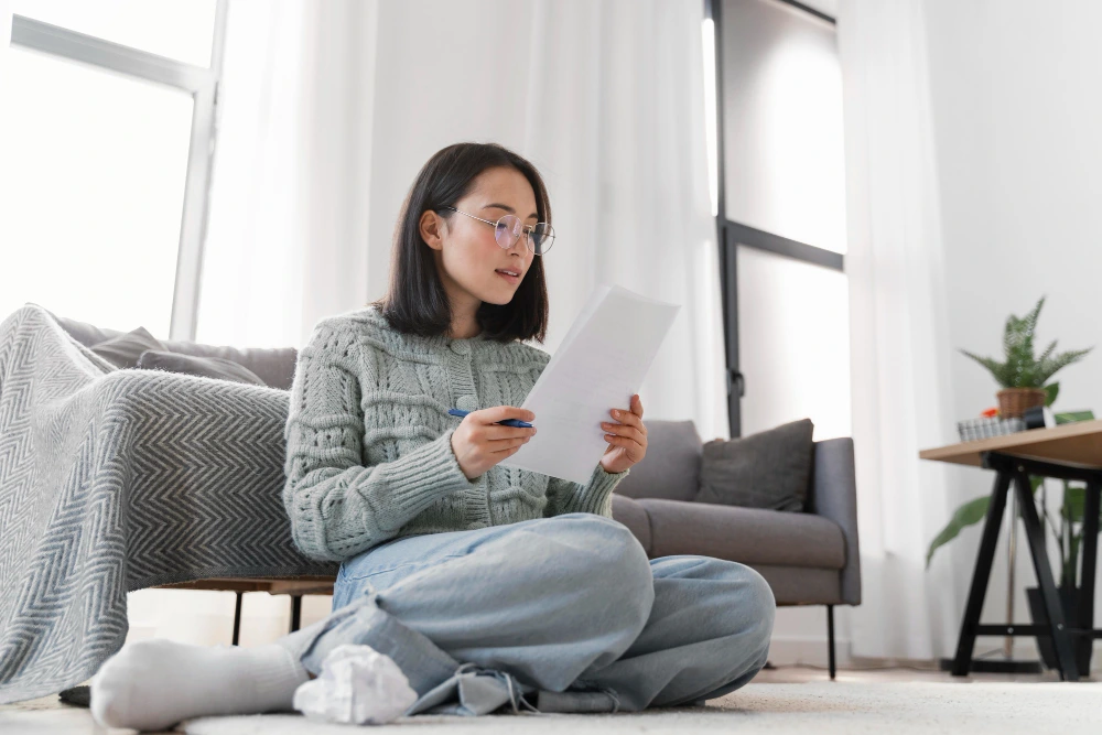 wanita melihat tagihan biaya tinggal di apartemen